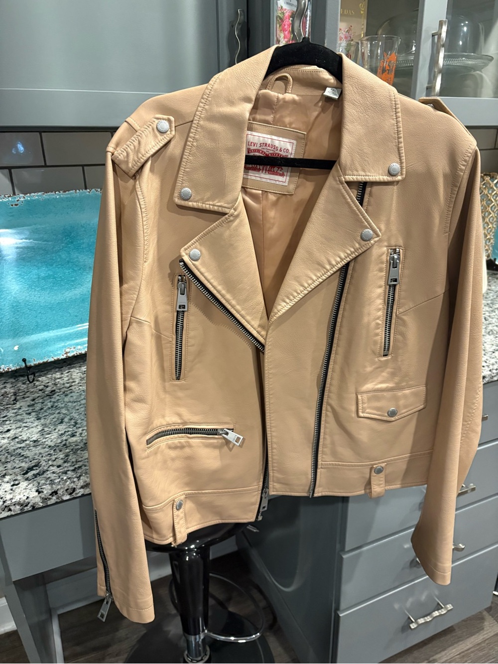 Neutral Beige Leather Moto Jacket - Levi's